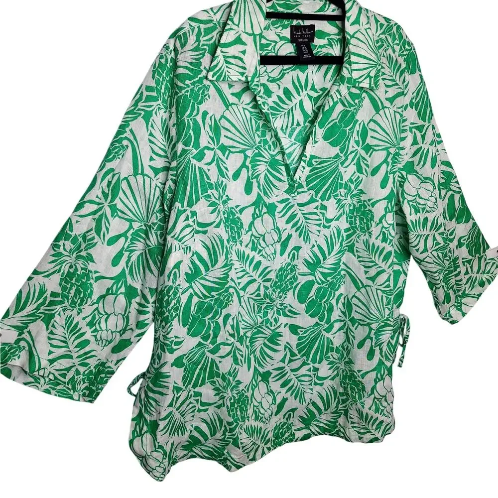 Nicole Miller 100% Linen Tunic Top 1X Pineapple Shells Palm Tropical Beach Green